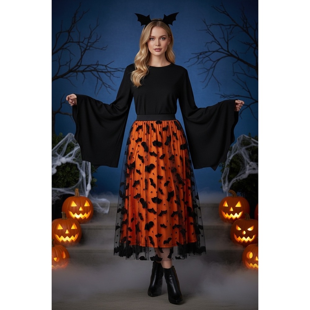 NEW Women's Small Orange Bat Tulle Mazi Skirt Halloween Costume Party